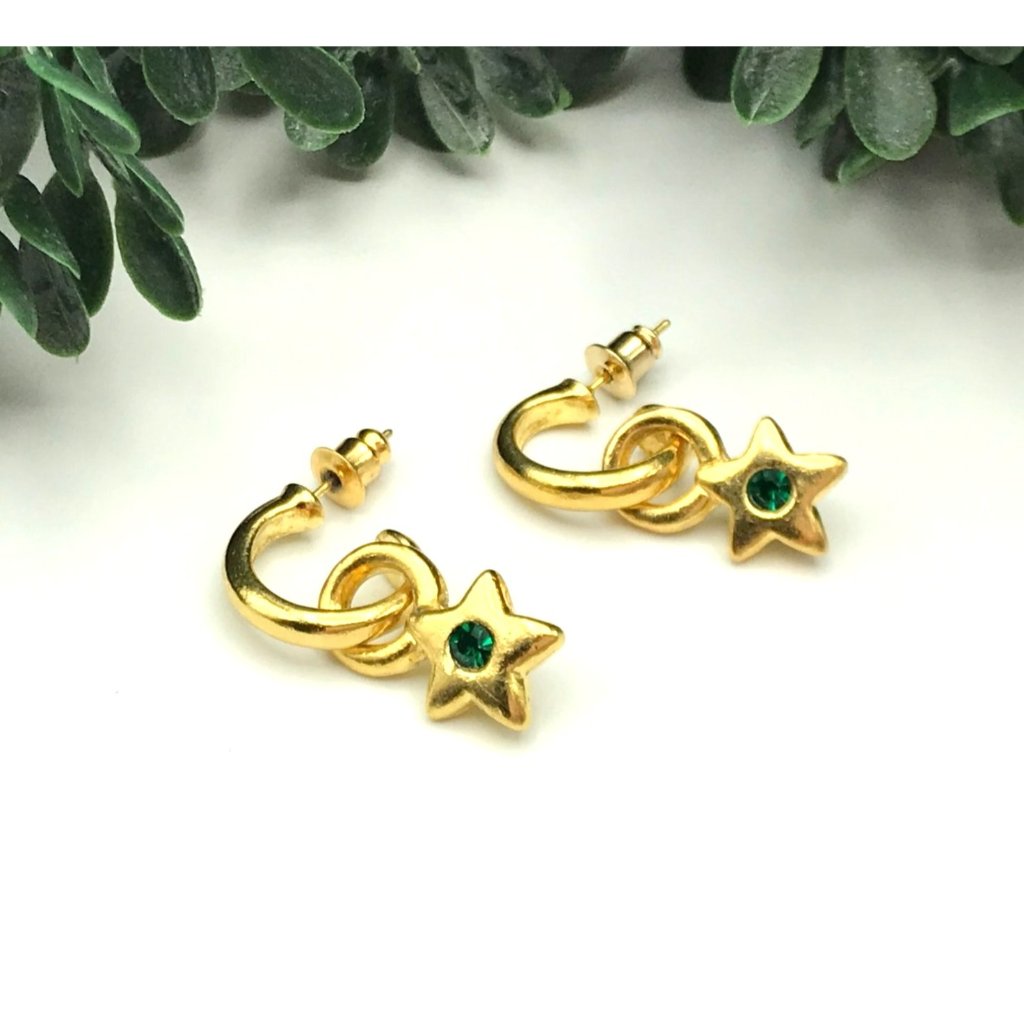 Earrings Gold Tone Hoops Star Charm Green Rhinestones 12$